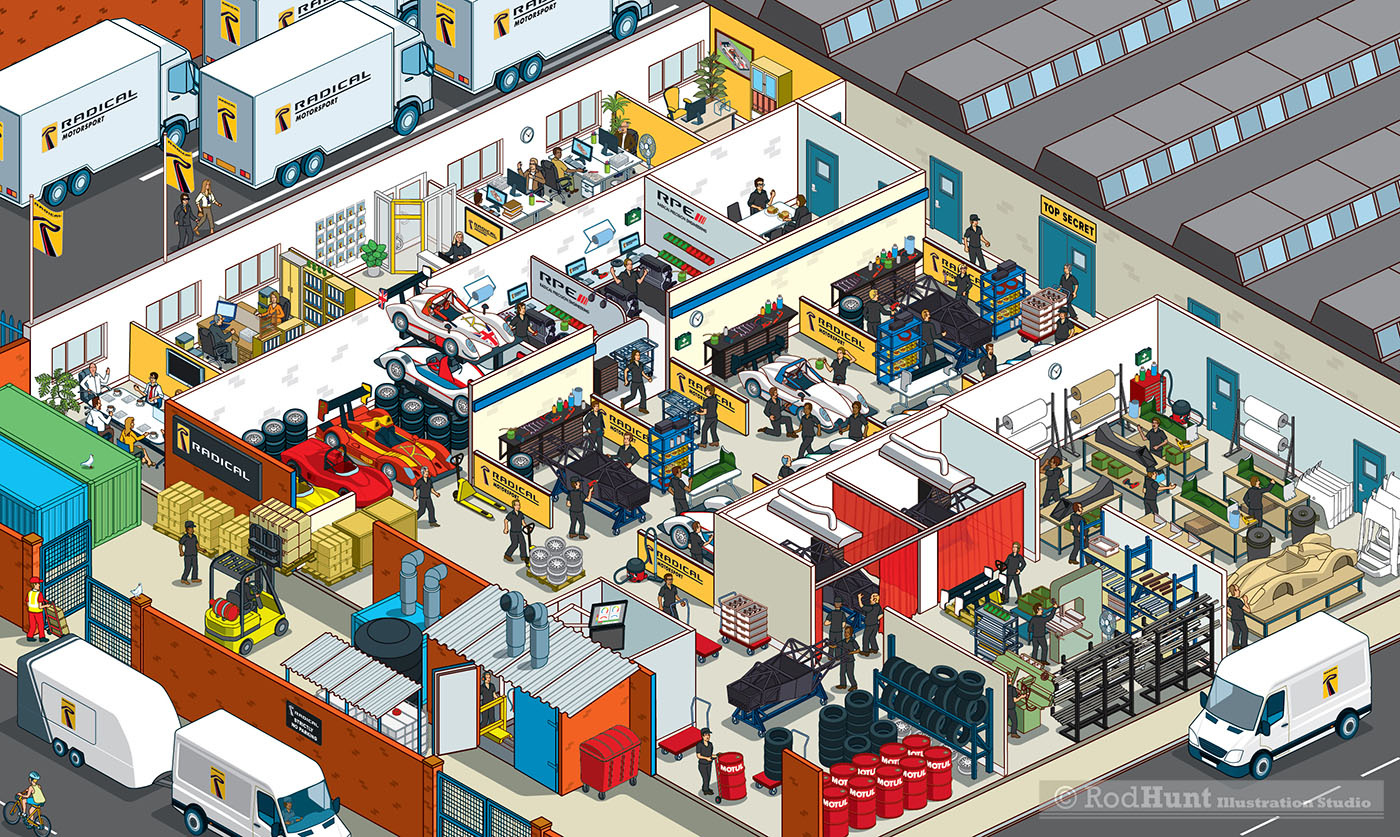 Radical Motorsports Factory Illustration adobe illustrator automotive cutaway detail graphic graphic design illustration illustrator information graphics isometric pixel art vector