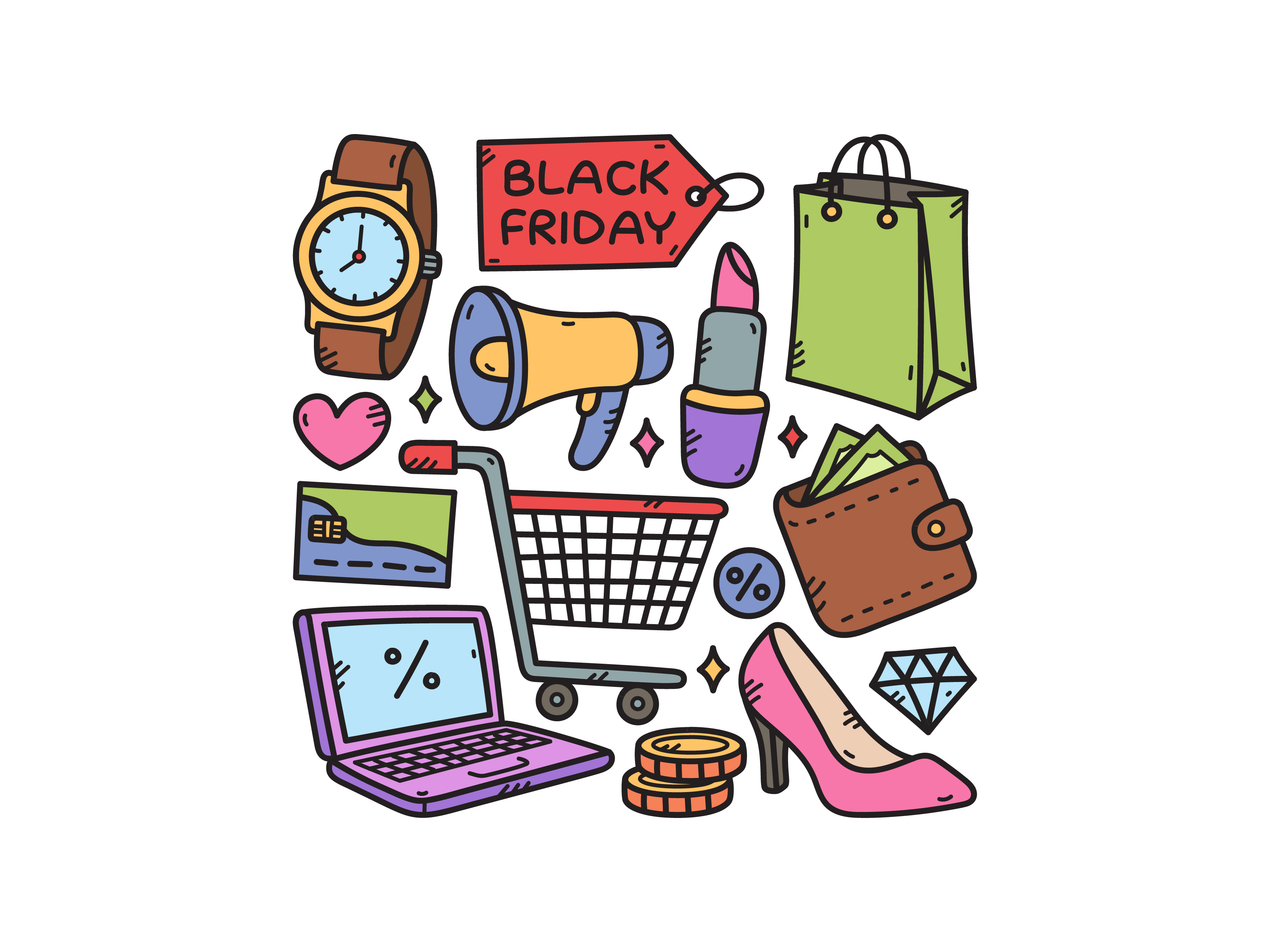 Black Friday Doodle Set blackfriday cute doodle illustration lipstick vector wallet watch