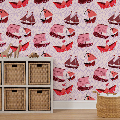 Boats in waves boats decorative design holiday home decor modern ocean pink product design red sea seamless pattern seasonal ships textile pattern designer vector wallpaper design waves western winter