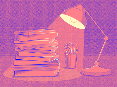 Book stack under lamp light books chiaroscuro desktop graphic design illustration offset retro vintage