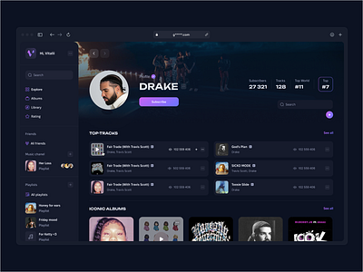 SOCIAL MUSIC STREAMING - ARTIST PAGE - App artist drake explore followers music profile subscribe ui ux