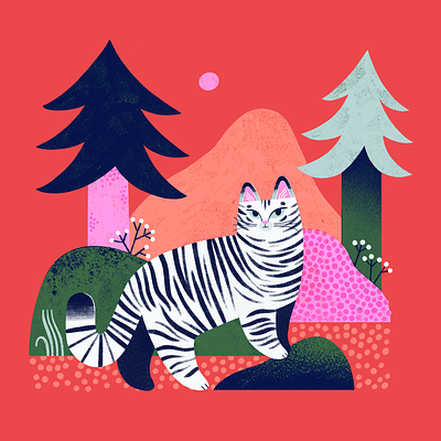 Scottish Wildcat cat colorful cute forest illustration nature red pink orange stripes stylized whimsical wildcat wildlife