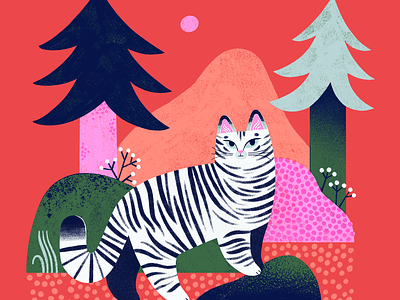 Scottish Wildcat cat colorful cute forest illustration nature red pink orange stripes stylized whimsical wildcat wildlife