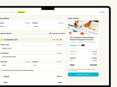 Ecourse Platform - Checkout page a address bill billing checkout course dashboard ecourse modal online course payment platform product success modal ui design uiuxdesign web application web apps