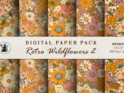 Flowers Digital Paper RETRO FLOWERS Paper Vintage Flowers 