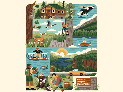 Oregon State Parks activities bird cabin canoe deer icons illustration lake landscape library mushrooms nature oregon outdoors parks people ridge rock climbing vector whale