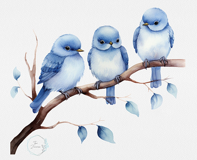 Three Little Birds animal birds birds on a branch blue birds cute illustration prints watercolor whimsical