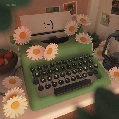 Typewriter 3d 3d animation 3d modelling c4d cinema 4d design flowers green illustration retro vintage