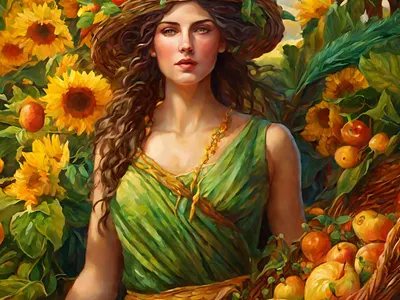 Demeter, Greek goddess of agriculture, fertility, & the harvest. graphic design