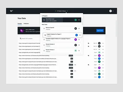 Word Predictor Web App branding contrast crawling design details drag and drop dropdown graphic design list progress queue table tasks ui users ux ux design web web crawl web platform
