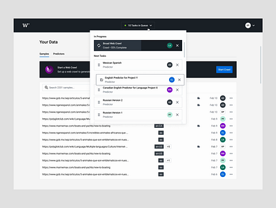 Word Predictor Web App branding contrast crawling design details drag and drop dropdown graphic design list progress queue table tasks ui users ux ux design web web crawl web platform