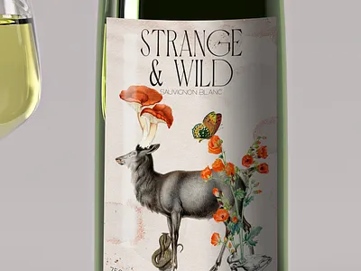 Strange & Wild butterfly collage deer flower label mushroom strange wild wine bottle wine label