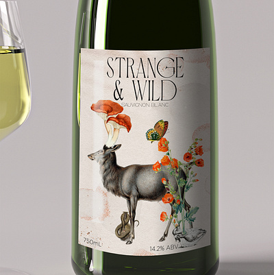 Strange & Wild butterfly collage deer flower label mushroom strange wild wine bottle wine label