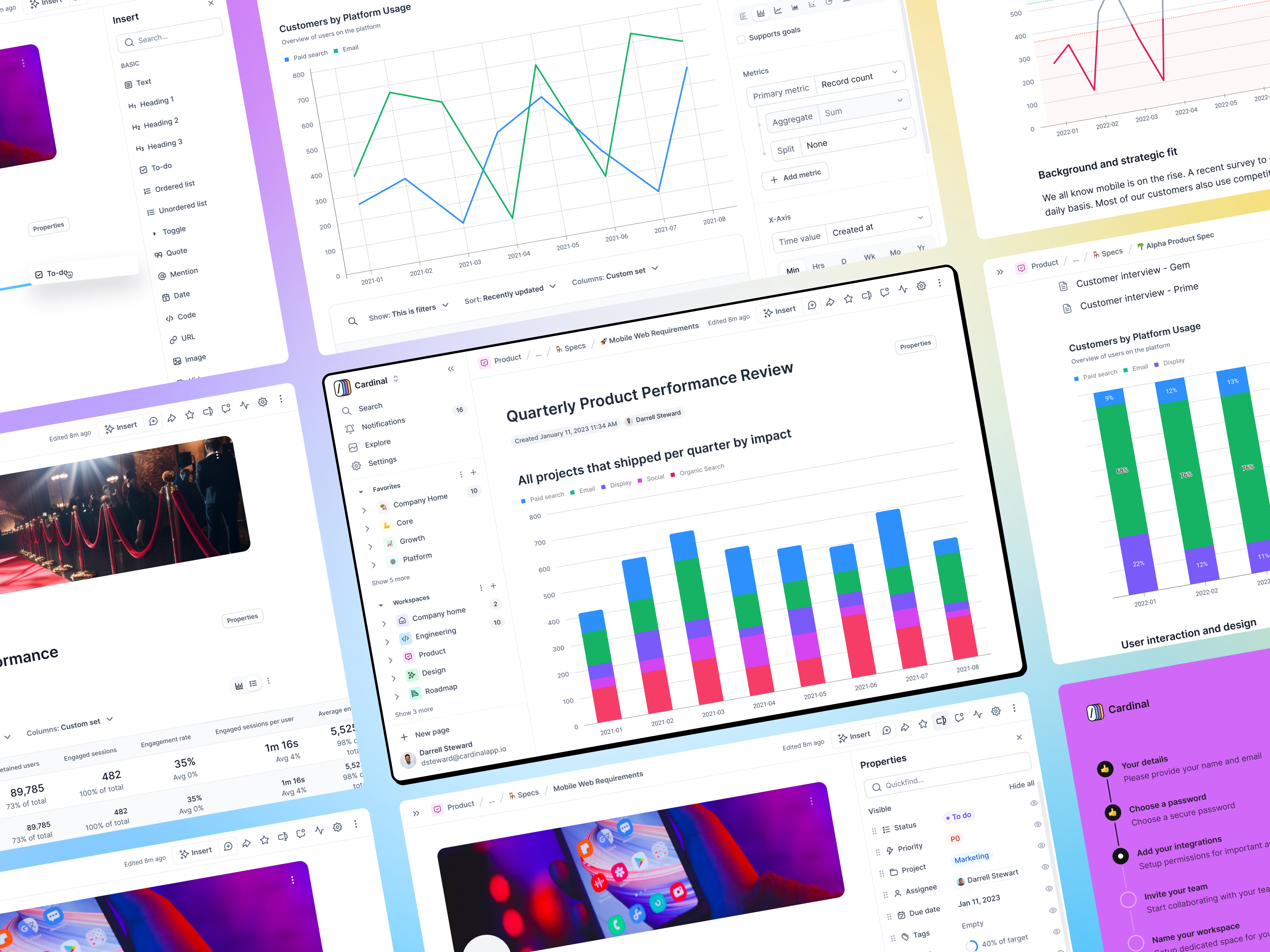 Cardinal - Product Overview analytics dashobard animation board dashboard dashboard design document management documentation documents management minimalism notion product design project project management project manager side menu timeline ui user dashboard ux