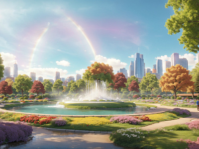 Enchanted Park - A Colorful Mesmerizing Cascade 3d 3d art ai art cgi city cityscapes colorful environment floral flowers fountain illustration lake nature park rainbow sky trees urban water