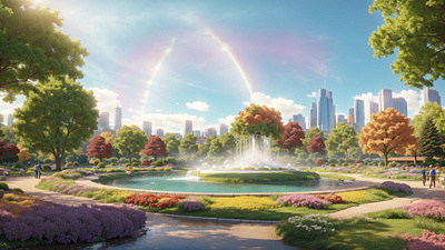 Enchanted Park - A Colorful Mesmerizing Cascade 3d 3d art ai art cgi city cityscapes colorful environment floral flowers fountain illustration lake nature park rainbow sky trees urban water