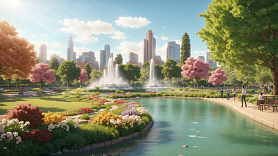 Enchanted Park - Magnificent Fountain 3d 3d art ai art cgi clouds colorful enchanted environment floral flowers fountain illustration lake magnificent nature park river sky trees water