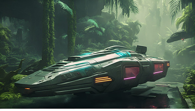 Into the Tropical forest cyberpunk art futuristic art spaceship tropical forest wallpaper