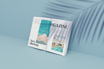 Magazine mock up with palm leaf shadow blue brand