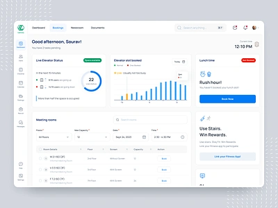 HRMS - Dashboard activity booking clean ui complex problem dashboard elevator hrms lift live tracking lunch time booking meeting room booking simple ui slot booking software table booking task ui ui use stairs ux win rewards