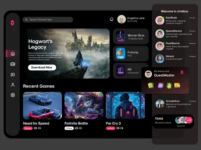Games Dashboard black dark dark theme dashboard esports games games dashboard gaming modern online gaming ui uiux user interface ux
