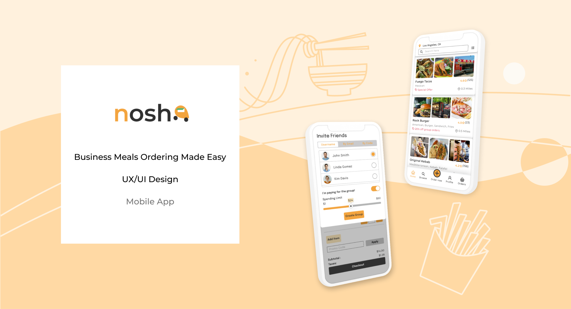 Nosh - Business Meals Ordering Made Easy app branding food ordering app graphic design illustration product strategy ui ux