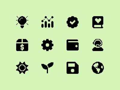 Pixel icons cog customer diskette gaming gear globe icon icons leaf lightbulb nintendo pixel icons pixelart pixelated pixels retro sun support wallet xbox