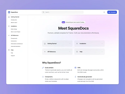 SquareDocs for Framer - Homepage app dashboard developer docs documentation framer freebies produt react saas sidepanel tool ui user interface