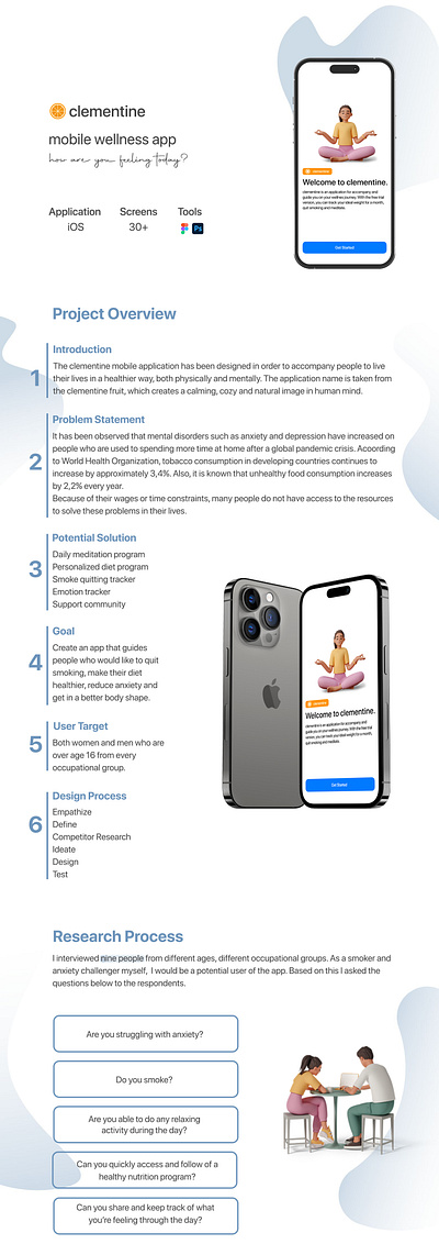 Clementine | Mobile Wellness Application app casestudy diet figma graphic design mobile ui ux uxcase wellness yoga