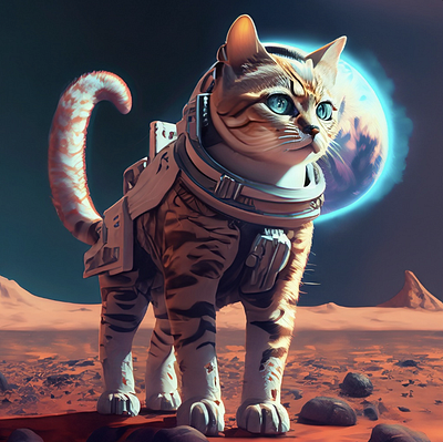 A Cat Wearing a SpaceSuit On Mars, Realistic, AI Image. ai ai image ai art cyberpunk digital art futre futuristic graphic design modern modern design realistic simple