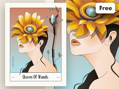 Queen Of Wands Tarot Card Template branding card deck character design editable template esoteric free freebie graphic design illustration magic minor arcana mystical occult playing cards queen of wands tarot tarot card template vector