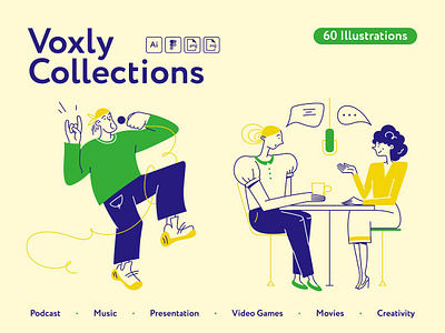 Voxly Illustrations Collection ai art branding creative eps figma flat graphic design icon illustration mobile app movie music png podcast presentation svg uiux vector video game