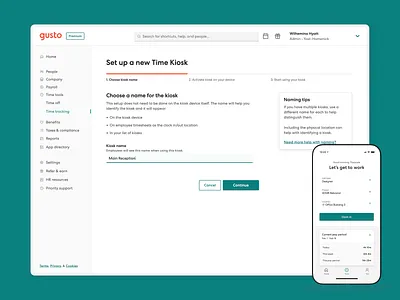 Gusto — Time Kiosk (Admin) I clock in design exploration device setup gusto kiosk kiosk setup mobile app multi step product design time kiosk time tracking ui ux visual exploration web app