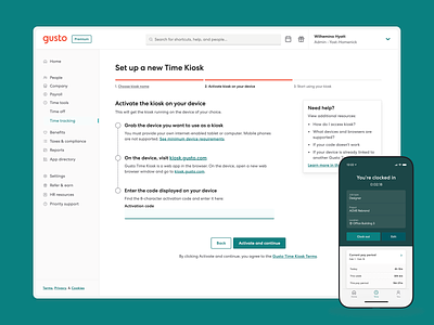 Gusto — Time Kiosk (Admin) II activate device activation code clock in clock out contextual help design exploration gusto kiosk setup mobile app multi step product design time clock time kiosk time tracking ui ux visual exploration web app