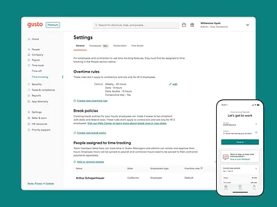 Gusto — Time Kiosk (Admin) III clock in design exploration gusto interaction design mobile app overtime rules product design settings tabs time kiosk time tracking ui ux visual exploration web app