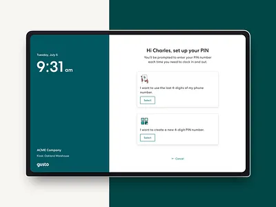 Gusto — Time Kiosk (Tablet) I clock in clock out design exploration gusto ipad app pin pin setup product design tablet time clock time kiosk time tracking ui ux visual exploration web app