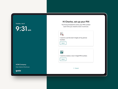 Gusto — Time Kiosk (Tablet) I clock in clock out design exploration gusto ipad app pin pin setup product design tablet time clock time kiosk time tracking ui ux visual exploration web app