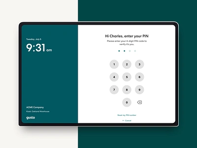 Gusto — Time Kiosk (Tablet) II clock in clock out design exploration gusto identity verification keypad pin pin validation product design tablet time clock time kiosk time tracking ui ux visual exploration web app