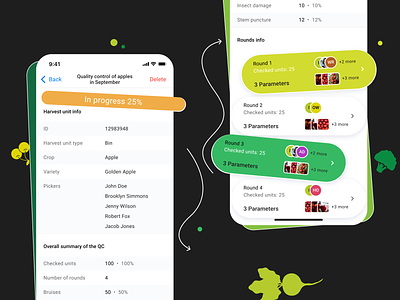 TieUp Farming UI/UX Design - Agriculture Web & Mobile App agritech app card avatars crm flat green harvest in progress ios interface label and description native design parametrs saas show members summary task details task manager