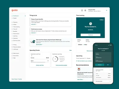 Gusto — Time Tracking (Employee) I clock in clock out dashboard design exploration gusto mobile app product design responsive design time period time tracking ui ux visual exploration web app working hours
