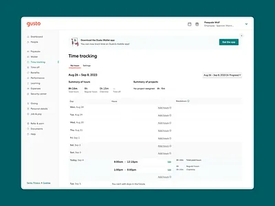 Gusto — Time Tracking (Employee) II add hours edit hours gusto hours worked interaction design overtime paid hours payroll product design time tracking timesheet total hours ui ux web app
