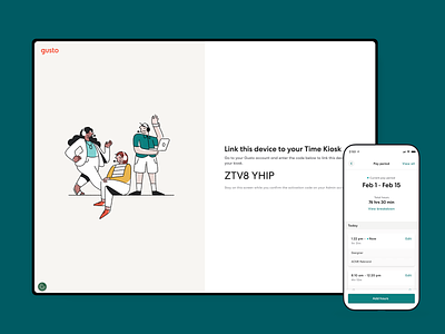 Gusto — Time Tracking III activation code design exploration device activation gusto link device pay period product design time kiosk time tracking ui ux web app