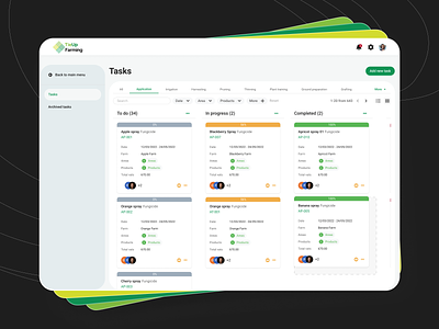 TieUp Farming UI/UX Design – Task Tracker for Agricultural App agritech crm canban desk card filters change view completed farm fields green in progress info card interface layout paggination priority saas tab bar task manager to do list