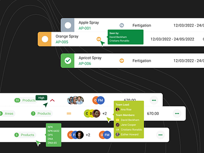 UI/UX for TieUp Farming – Web & Mobile App Design agritech card ui creative crm details farm green harvest hover card info card interface item description item status saas saas design table avatars tags