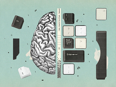 We're All Programmers Now ai analog brain code collage computer illustration keyboard paper