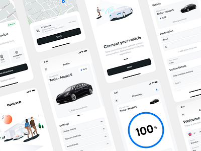 ⚡️Qoolomb // Seamless EV charging. blue branding car card charge charging design direction energy ev illustration light map minimal route sustainable tesla ui vehicle white