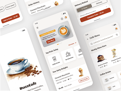 BuzzCafe - Coffee Shop App appdesign appdevelopment cafeapp cafeculture coffeeaddict coffeeapp coffeedrinks coffeeexperience coffeelovers coffeeshop coffeetime community designinspiration digitaldesign mobileapp mobileexperience socialapp uiuxdesign userexperience userfriendly