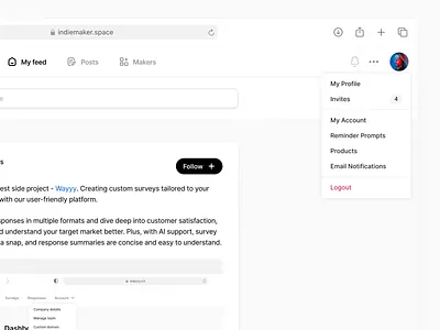 IndieMaker - Profile Menu animation dropdown menu minimal nav ui web app