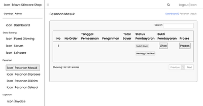 Erlova skincare website wireframe of incoming order view. branding figma lo fidelity skincare website wireframe