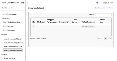 Erlova skincare website wireframe of finished order display. branding figma lo fidelity skincare website wireframe